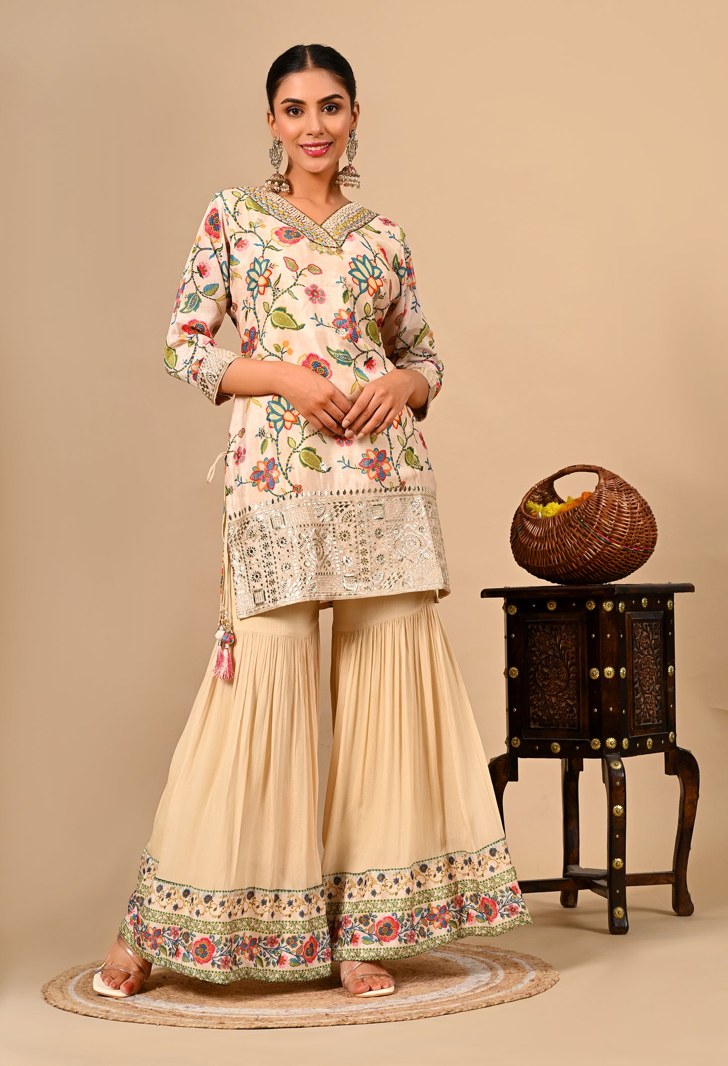 Golden Cream Gharara Set with Gotta, Thread, and Sequence Work