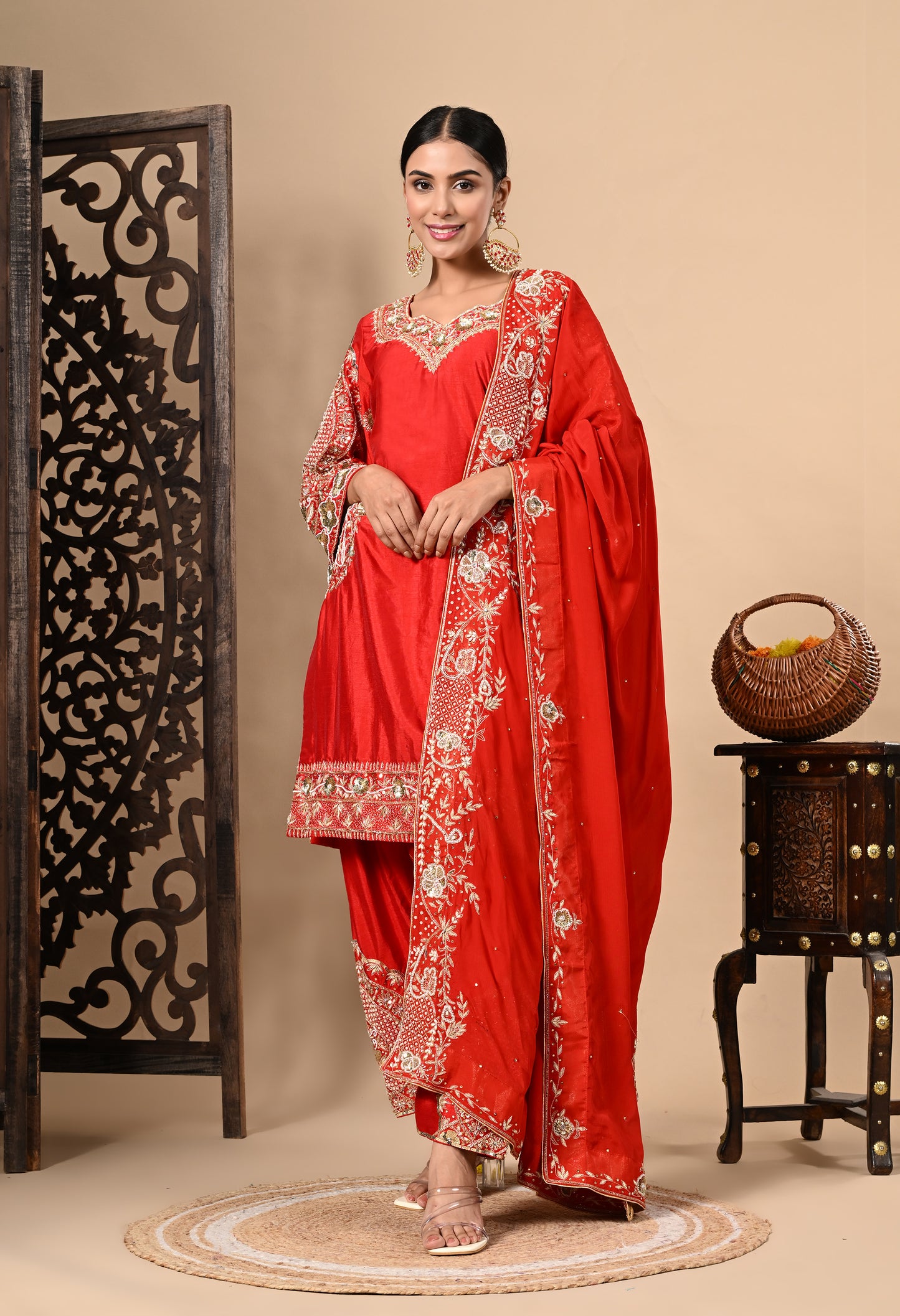 Red Kurta Set with Zardozi, Dabka, Sequin, and Pearl Work