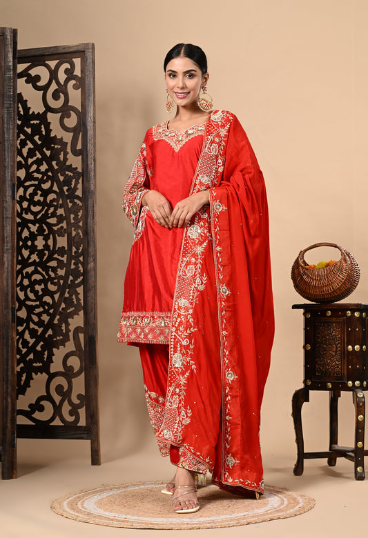 Red Kurta Set with Zardozi, Dabka, Sequin, and Pearl Work