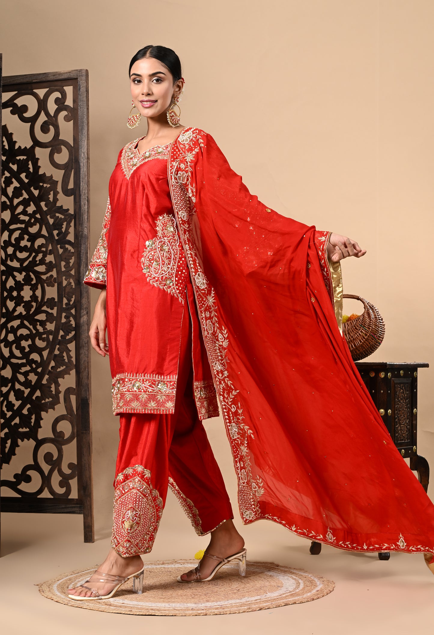 Red Kurta Set with Zardozi, Dabka, Sequin, and Pearl Work