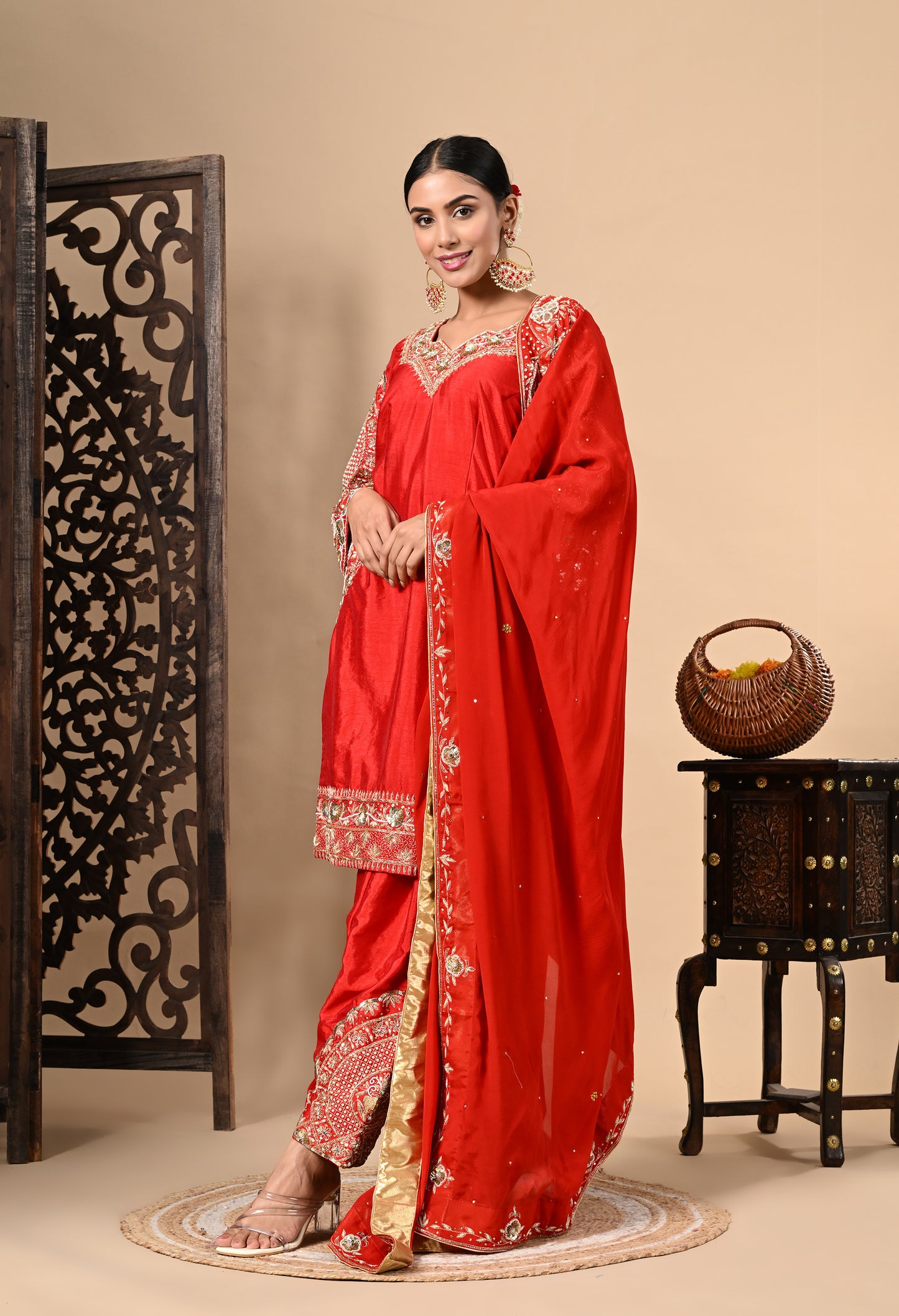 Red Kurta Set with Zardozi, Dabka, Sequin, and Pearl Work