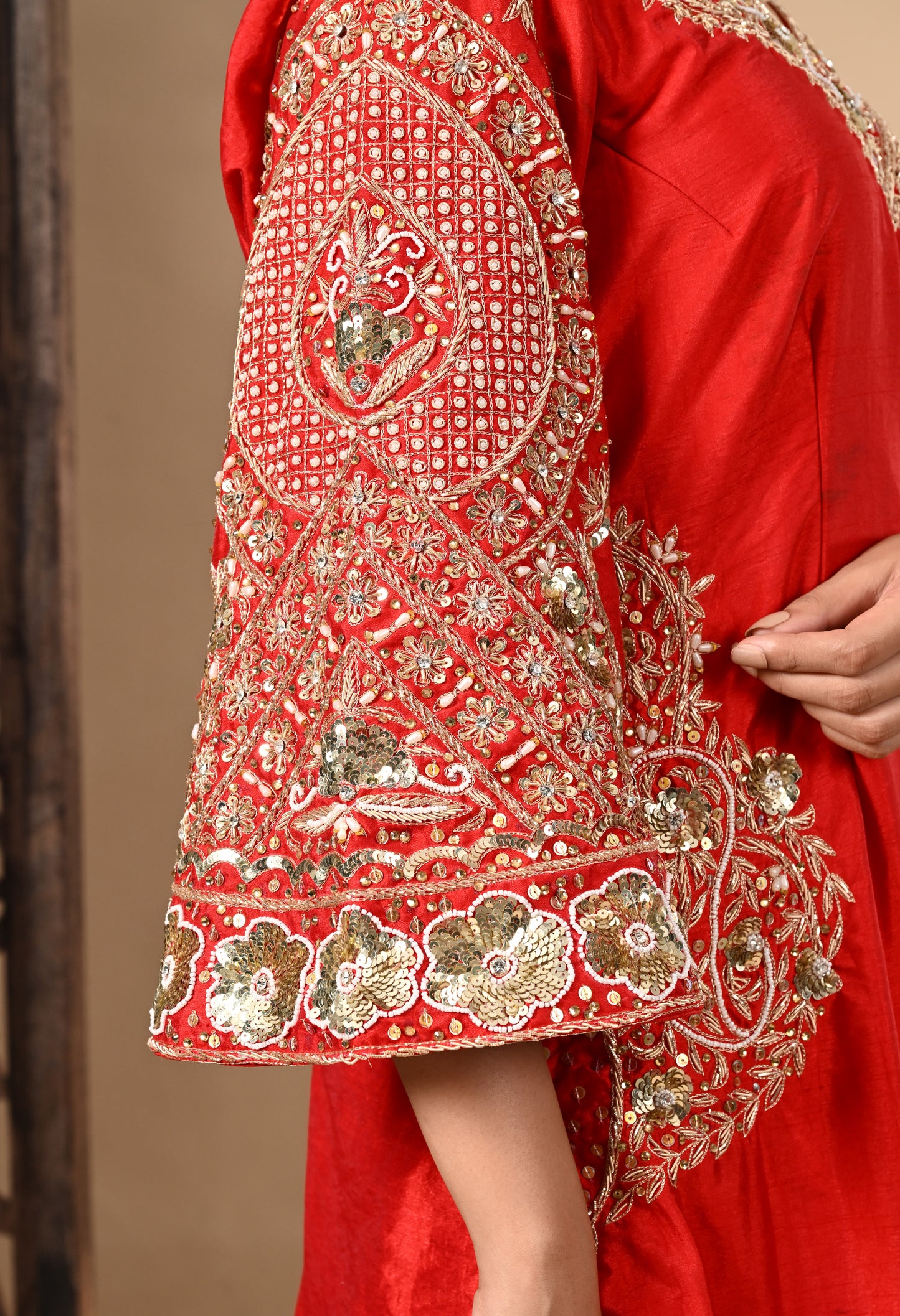 Red Kurta Set with Zardozi, Dabka, Sequin, and Pearl Work