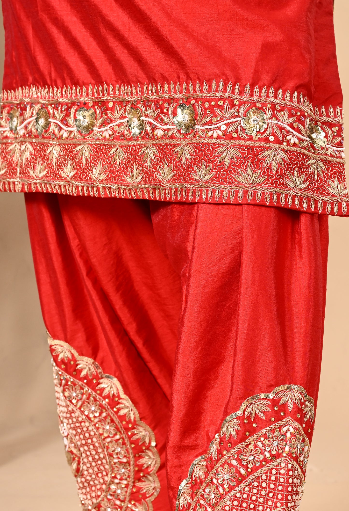 Red Kurta Set with Zardozi, Dabka, Sequin, and Pearl Work