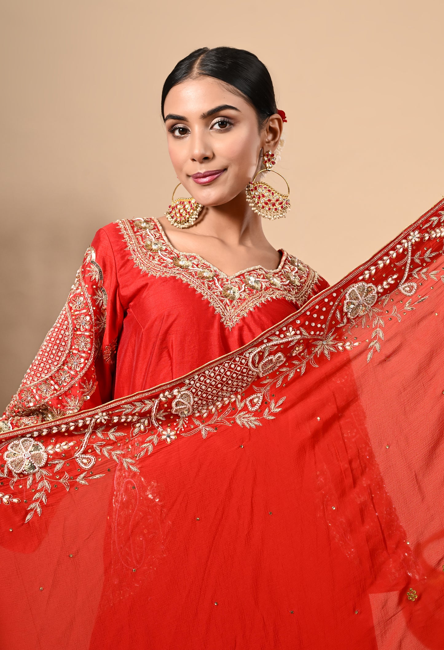 Red Kurta Set with Zardozi, Dabka, Sequin, and Pearl Work
