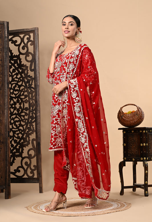 Red Kurta Set with Mesmerising LCD Gota Patti Work