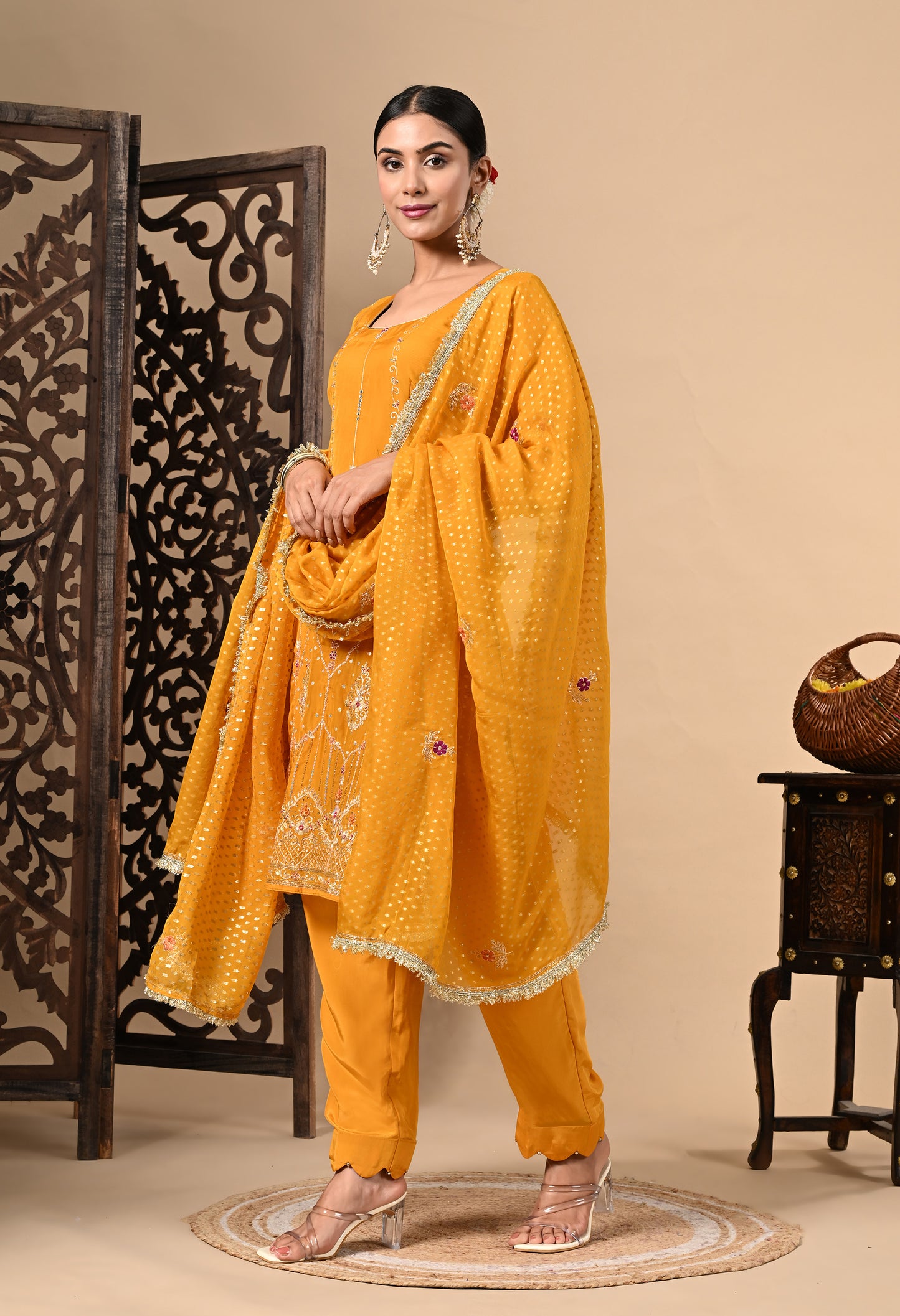 Turmeric Yellow Kurta Set with Zardozi, Dabka, Sequin, and Thread Work