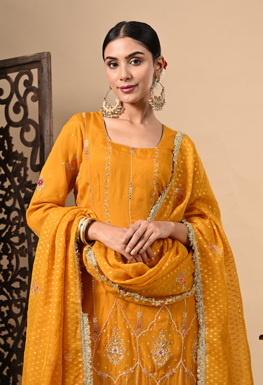 Turmeric Yellow Kurta Set with Zardozi, Dabka, Sequin, and Thread Work