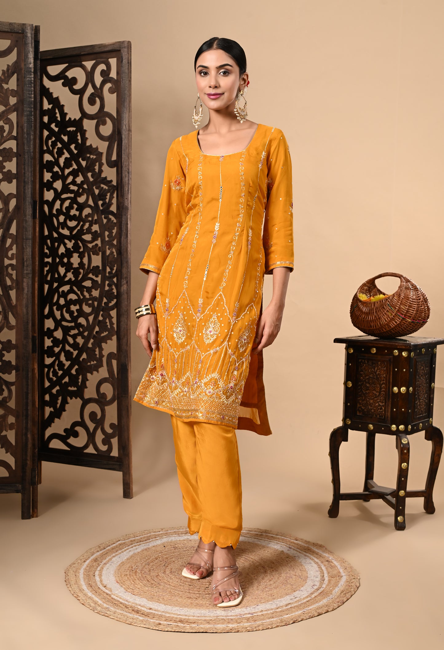 Turmeric Yellow Kurta Set with Zardozi, Dabka, Sequin, and Thread Work