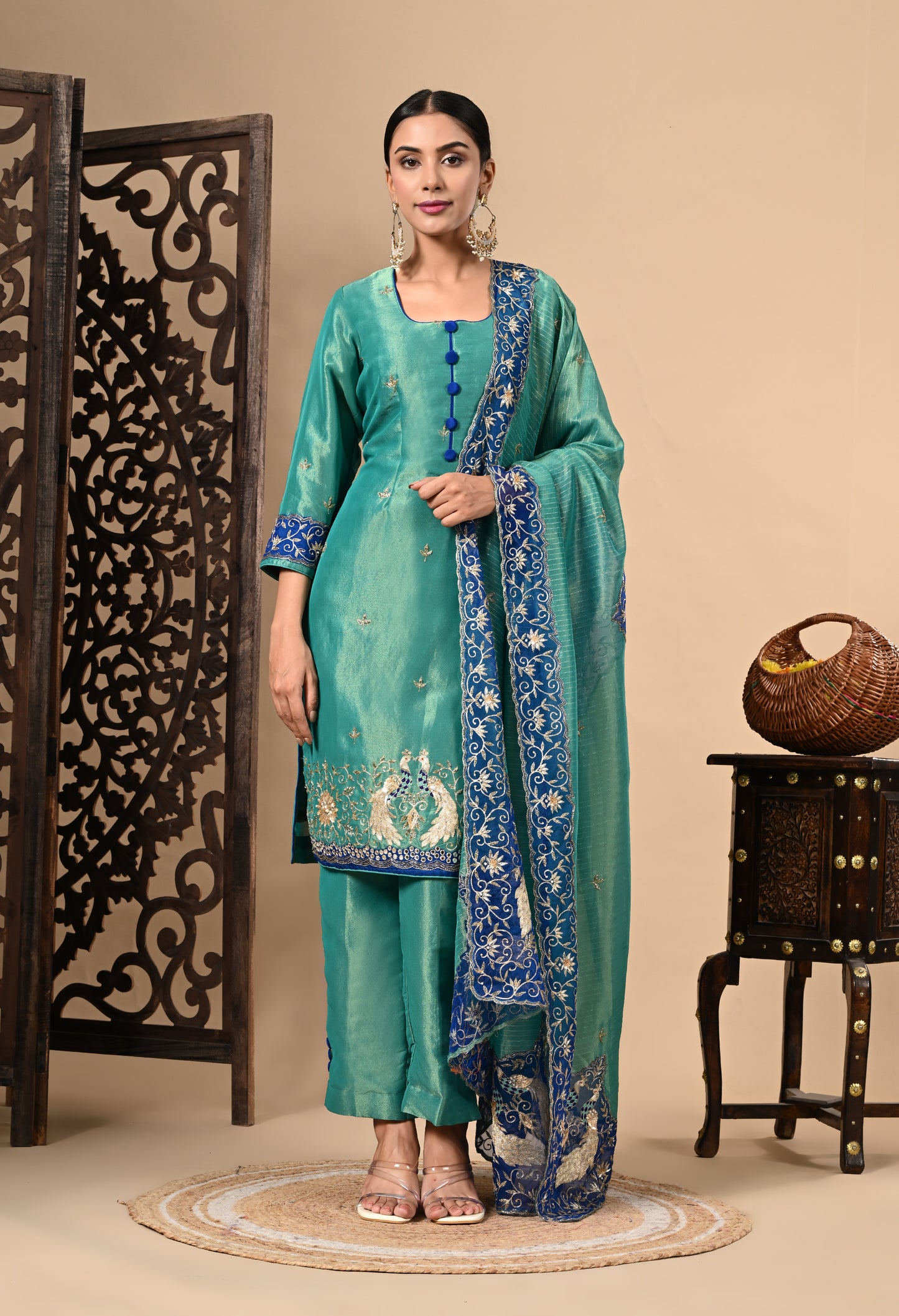 Peacock Green Kurta Set with Zardozi, Dabka, Sequin, and Thread Work