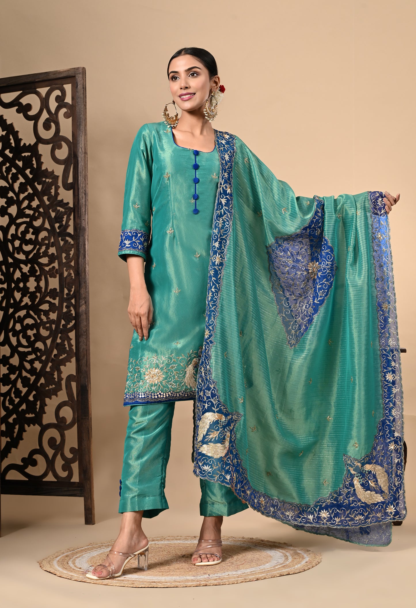 Peacock Green Kurta Set with Zardozi, Dabka, Sequin, and Thread Work
