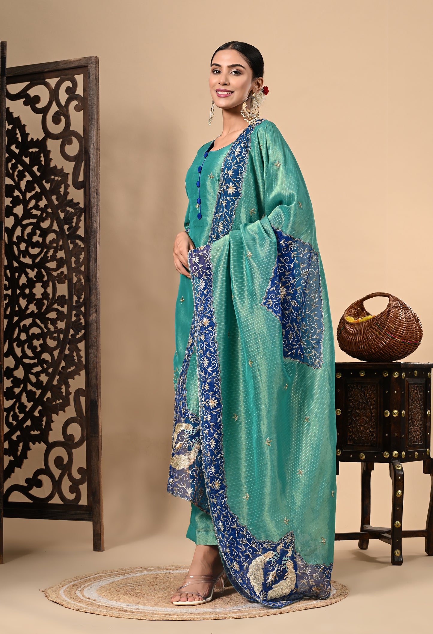 Peacock Green Kurta Set with Zardozi, Dabka, Sequin, and Thread Work