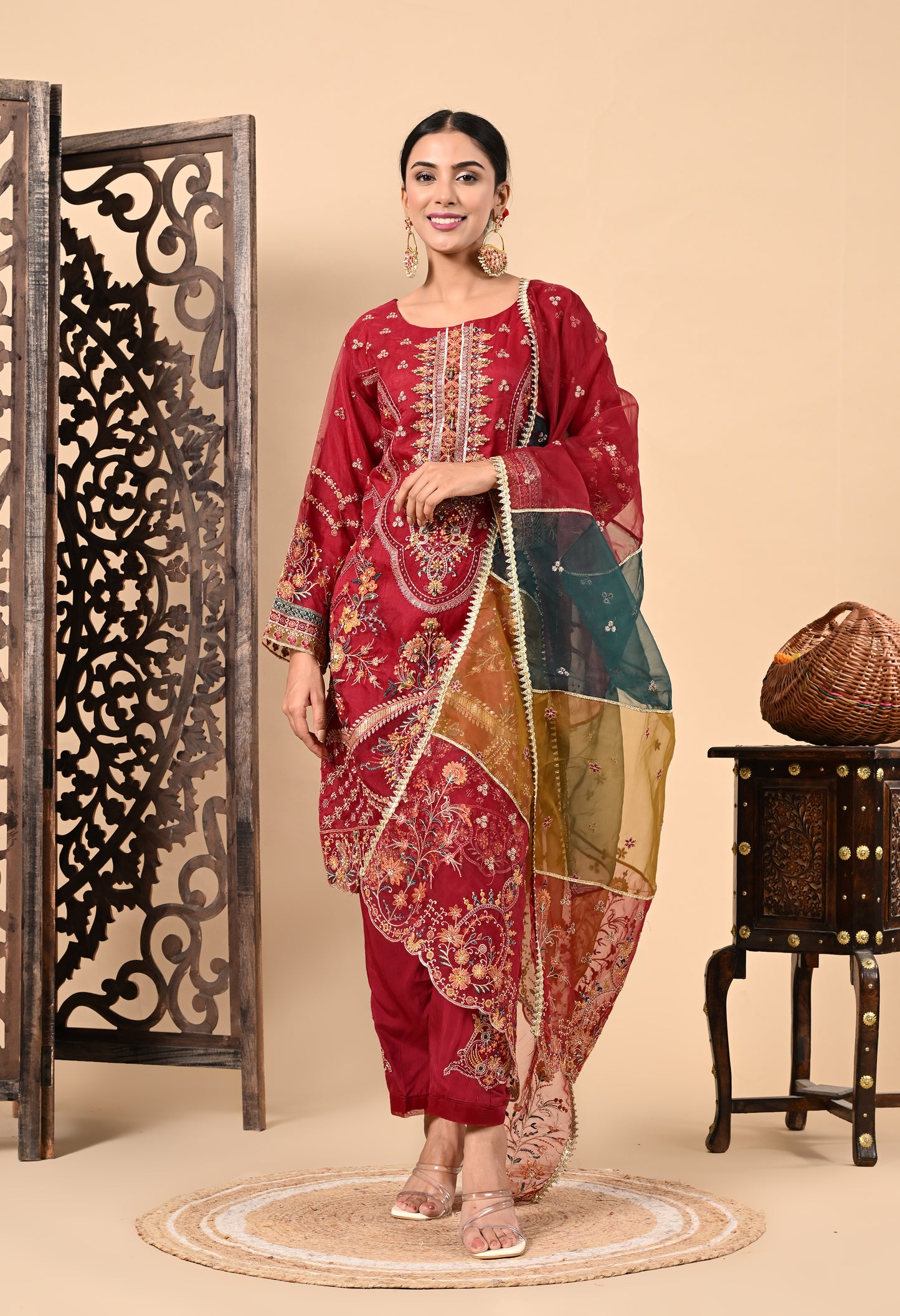Dark Maroon Kurta Set with Zardozi, Dabka, Sequin, and Thread Work