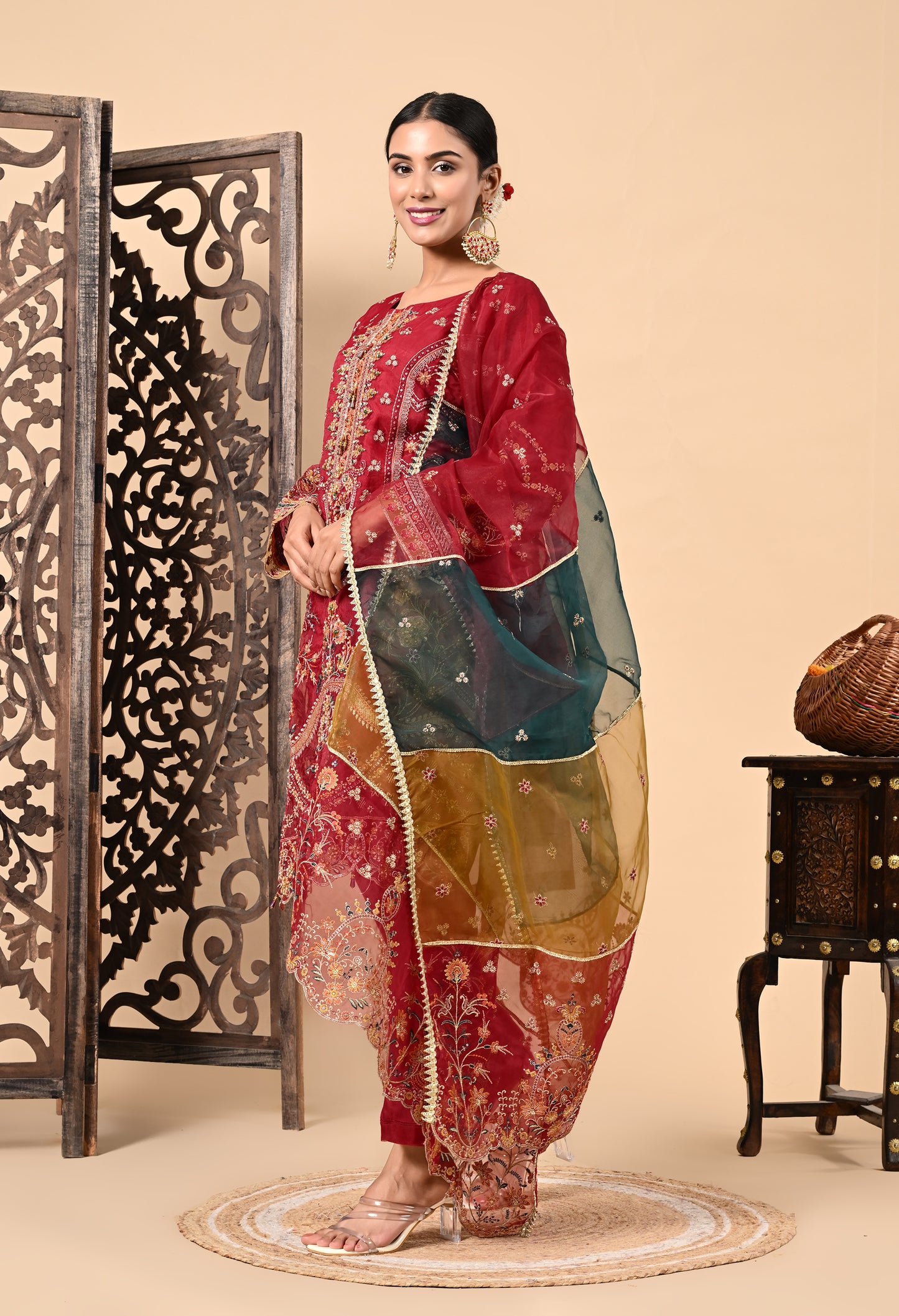 Dark Maroon Kurta Set with Zardozi, Dabka, Sequin, and Thread Work