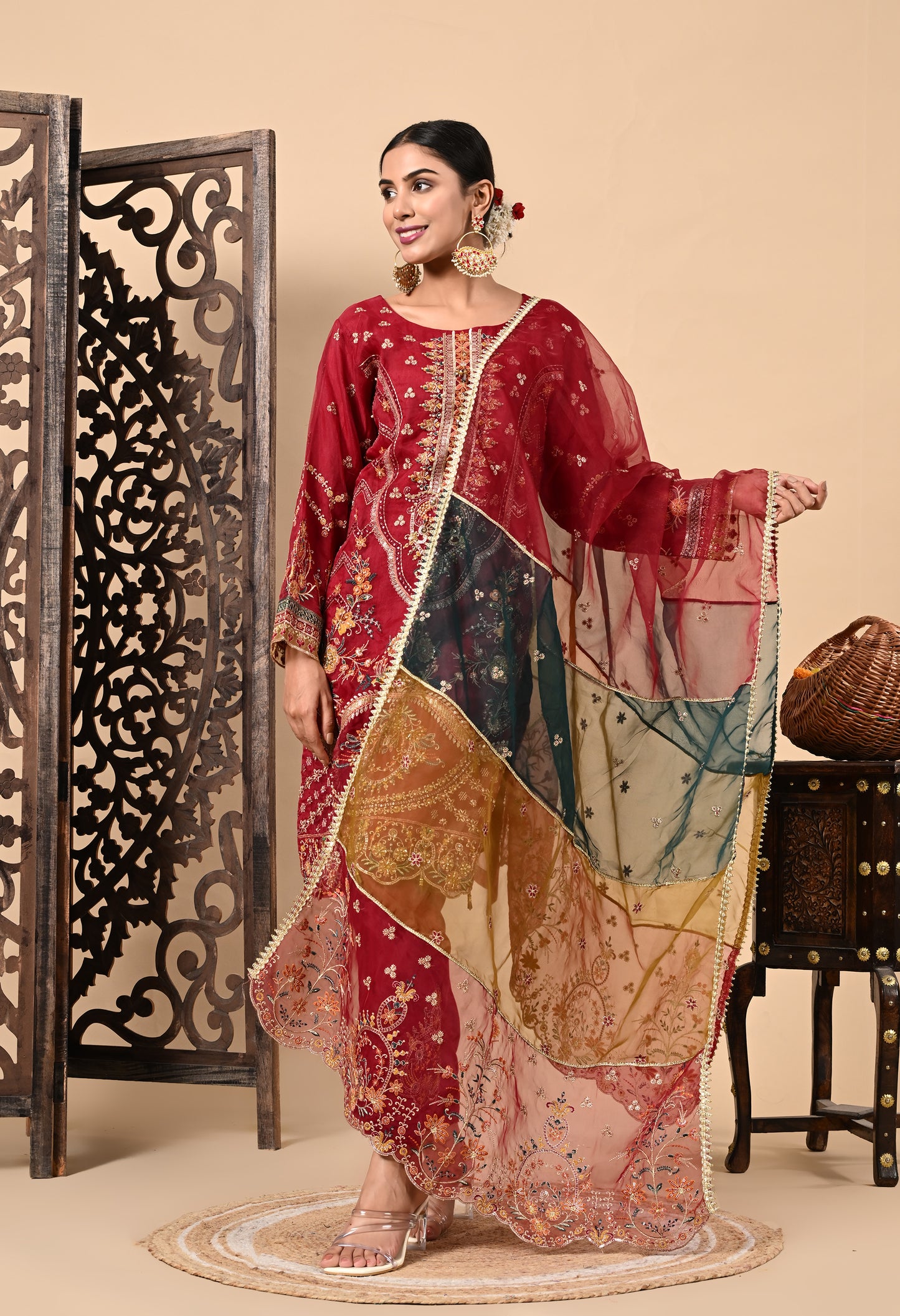 Dark Maroon Kurta Set with Zardozi, Dabka, Sequin, and Thread Work