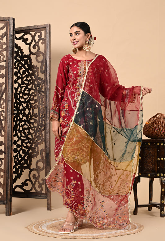 Dark Maroon Kurta Set with Zardozi, Dabka, Sequin, and Thread Work