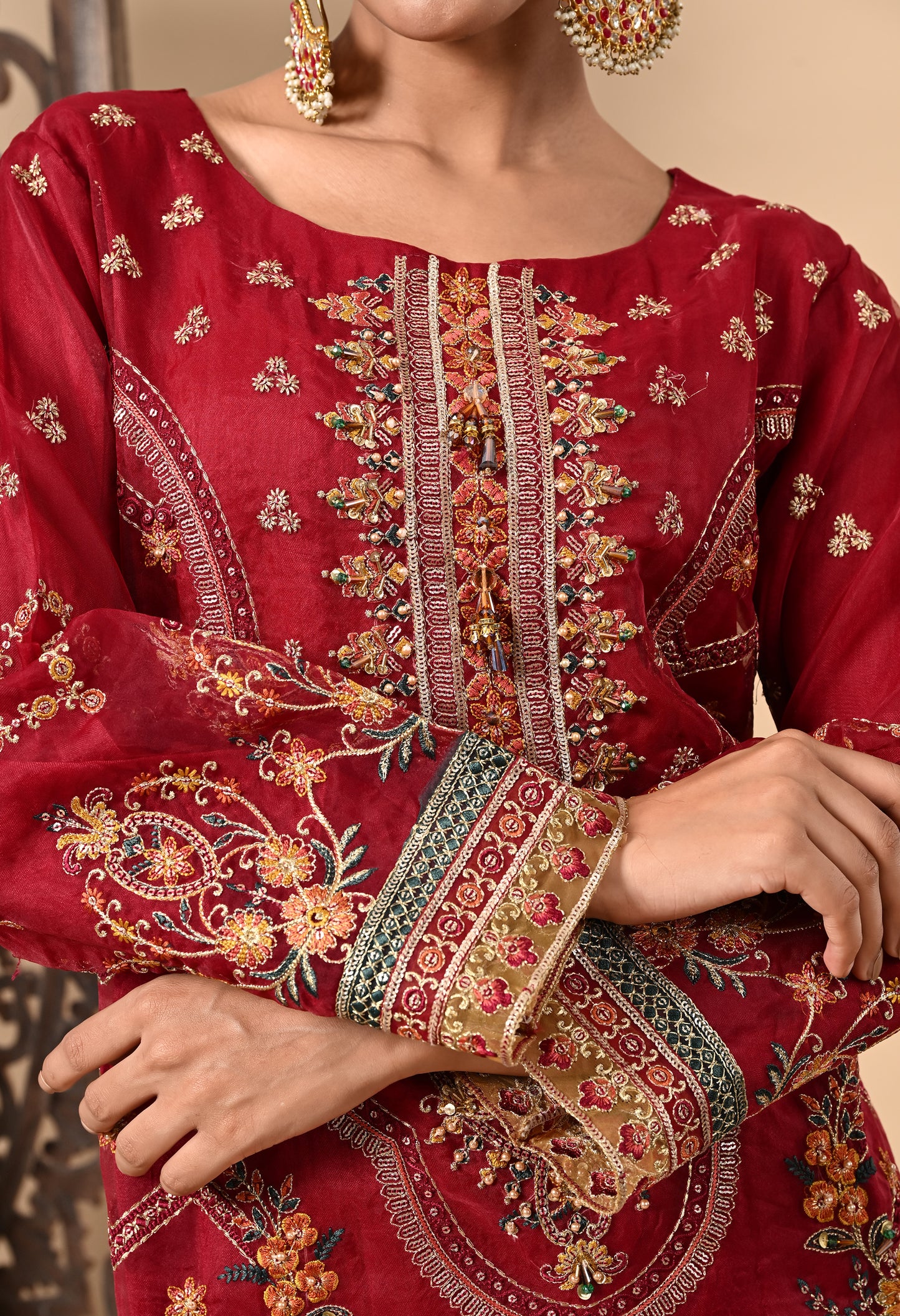 Dark Maroon Kurta Set with Zardozi, Dabka, Sequin, and Thread Work