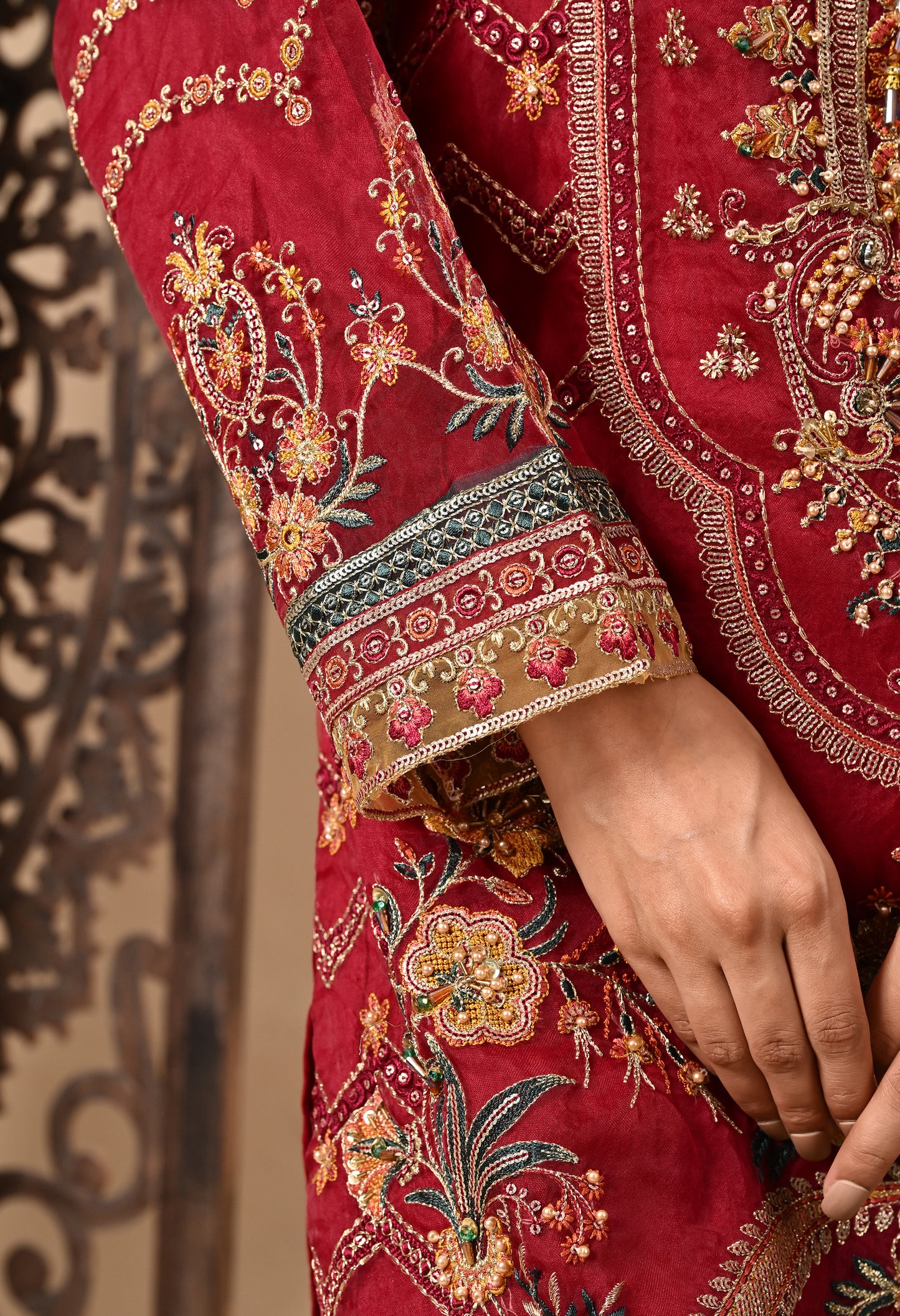 Dark Maroon Kurta Set with Zardozi, Dabka, Sequin, and Thread Work