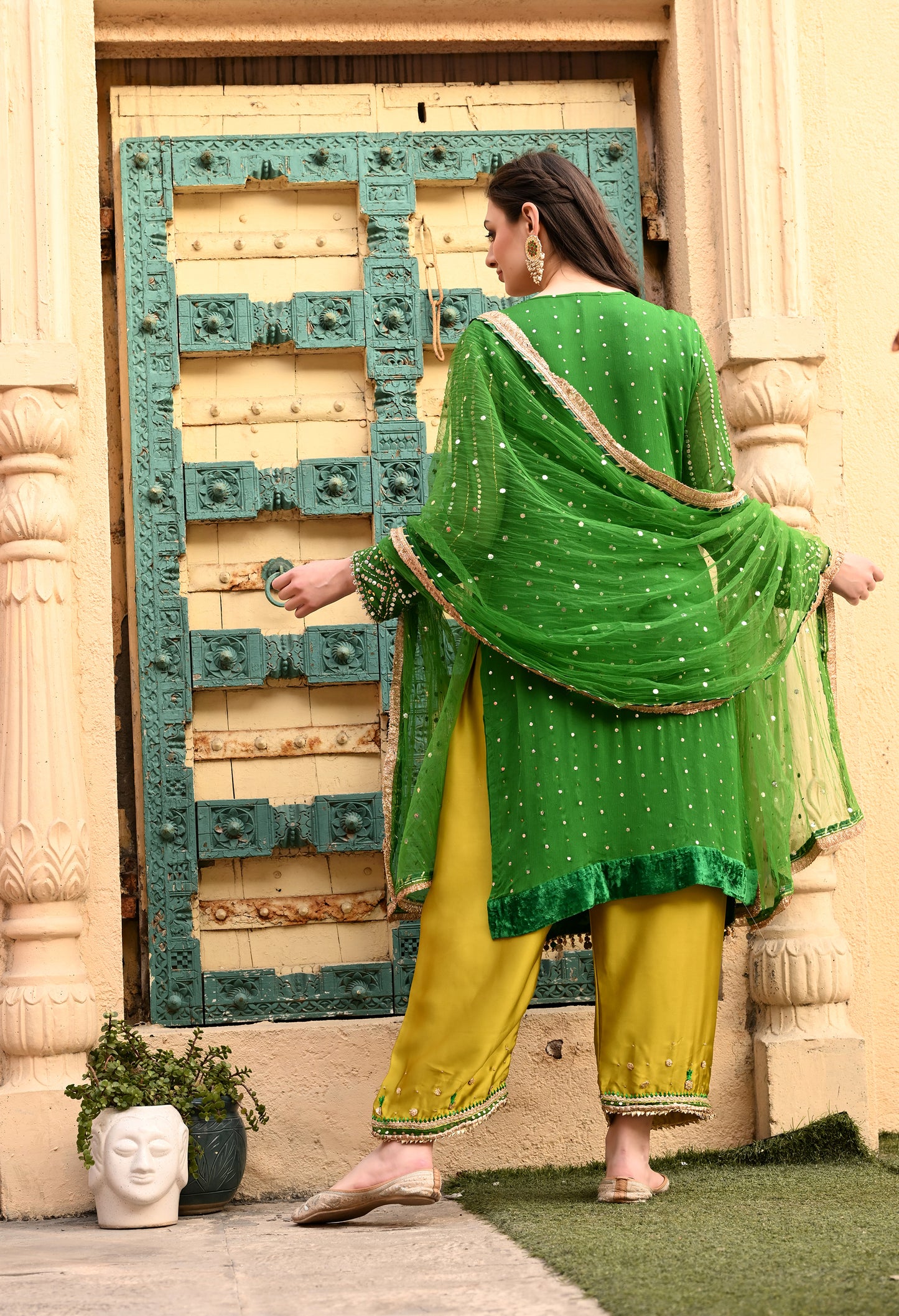 Charming Green Kurta Set with Mukaish, Gota Patti, Sequin, Dabka, and Kora Work