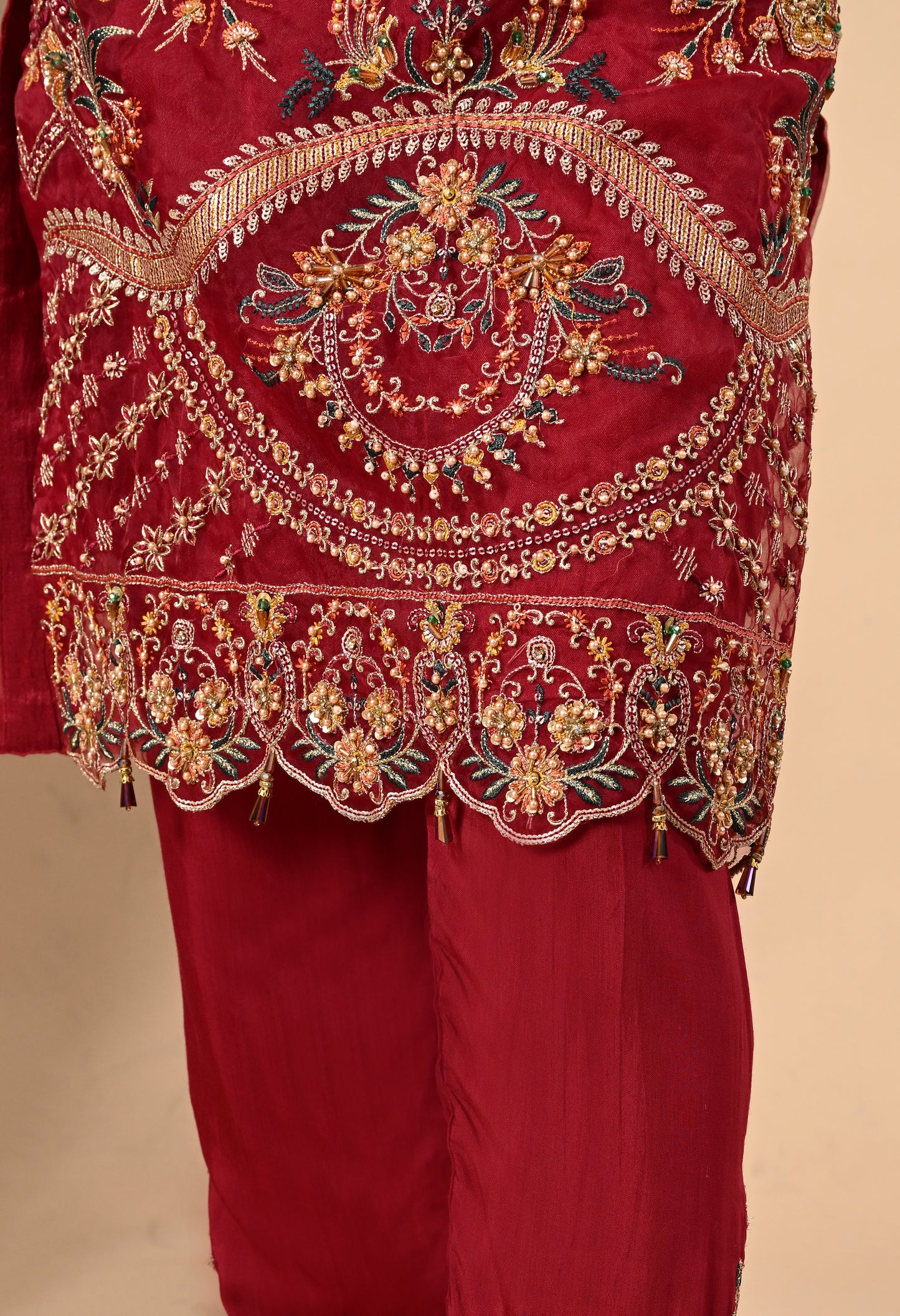Dark Maroon Kurta Set with Zardozi, Dabka, Sequin, and Thread Work