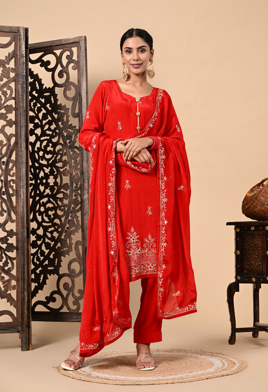 Graceful Red Kurta Set with Zardozi, Dabka, and Sequin Work