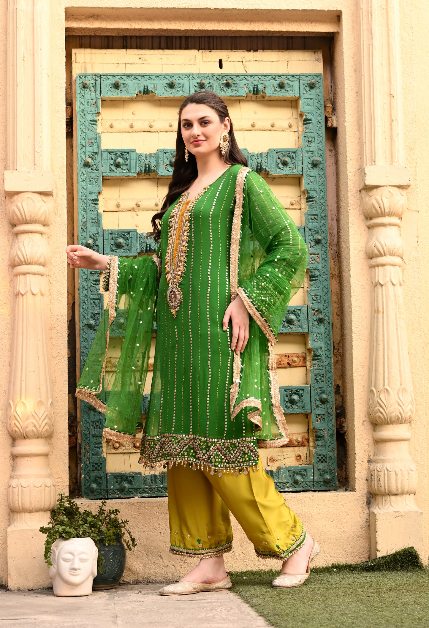 Charming Green Kurta Set with Mukaish, Gota Patti, Sequin, Dabka, and Kora Work