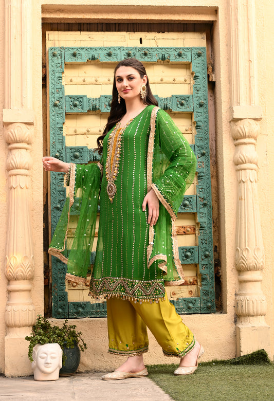 Charming Green Kurta Set with Mukaish, Gota Patti, Sequin, Dabka, and Kora Work