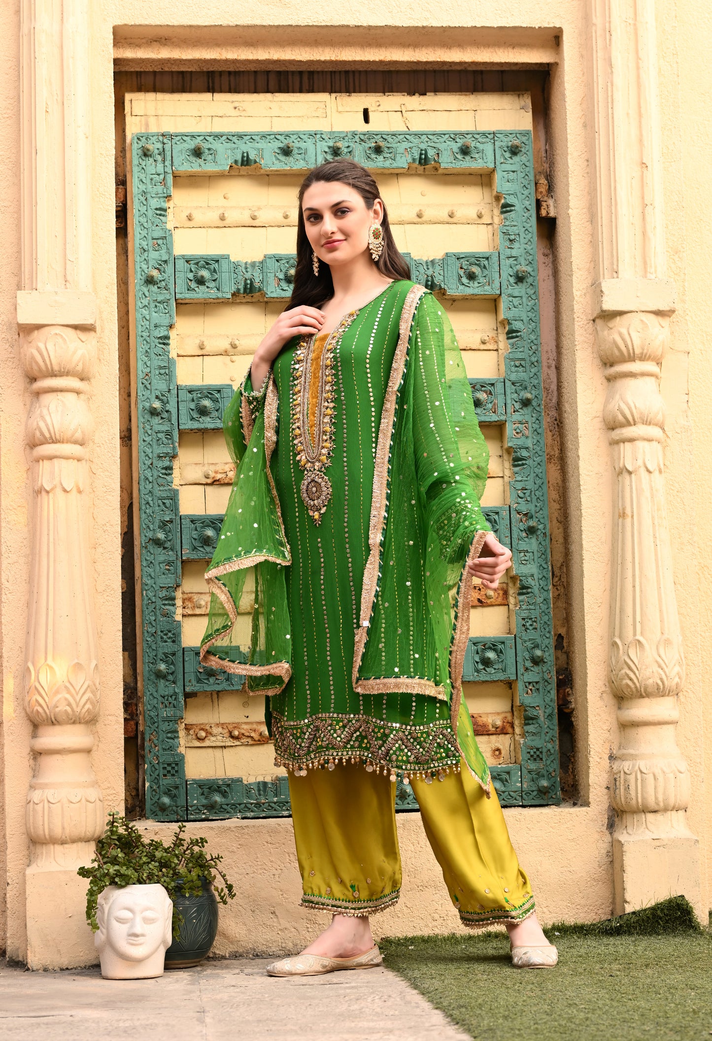 Charming Green Kurta Set with Mukaish, Gota Patti, Sequin, Dabka, and Kora Work
