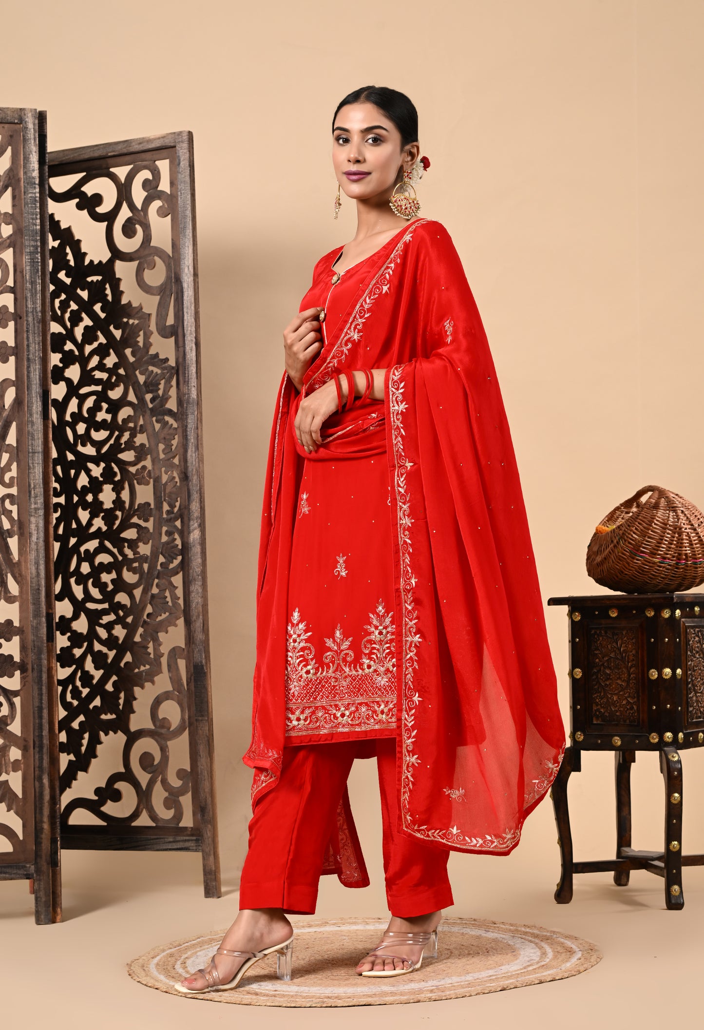 Graceful Red Kurta Set with Zardozi, Dabka, and Sequin Work