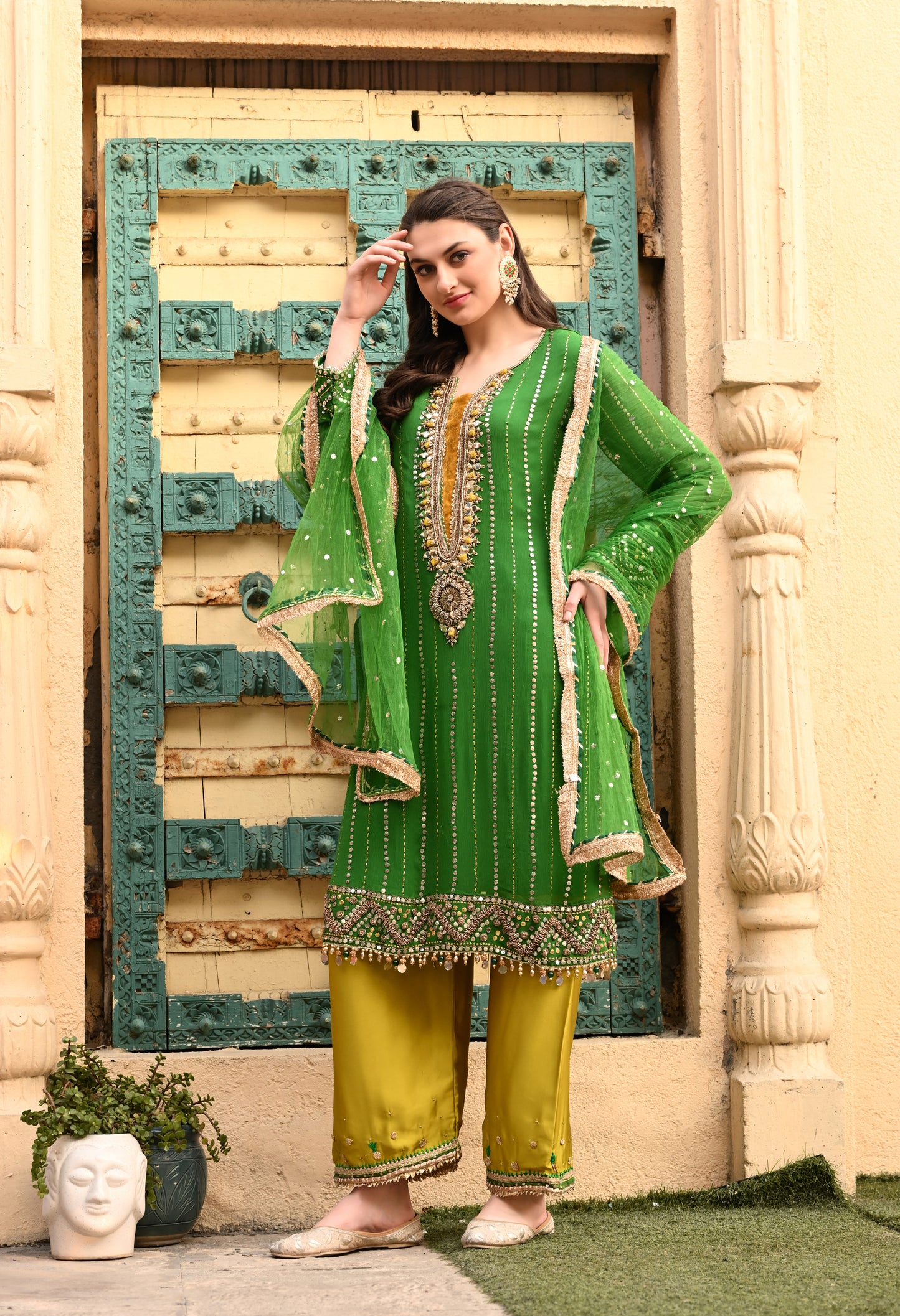 Charming Green Kurta Set with Mukaish, Gota Patti, Sequin, Dabka, and Kora Work