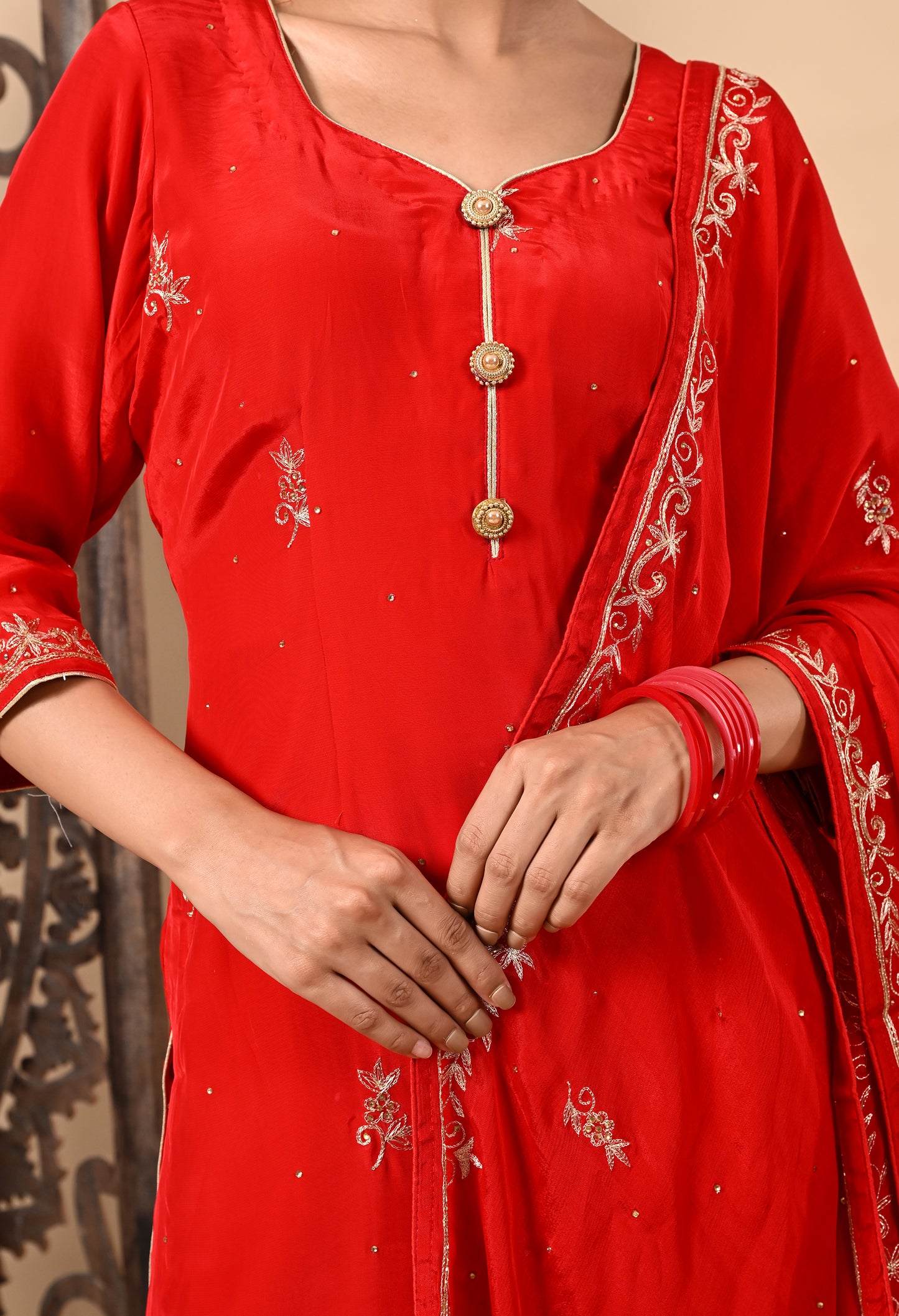 Graceful Red Kurta Set with Zardozi, Dabka, and Sequin Work