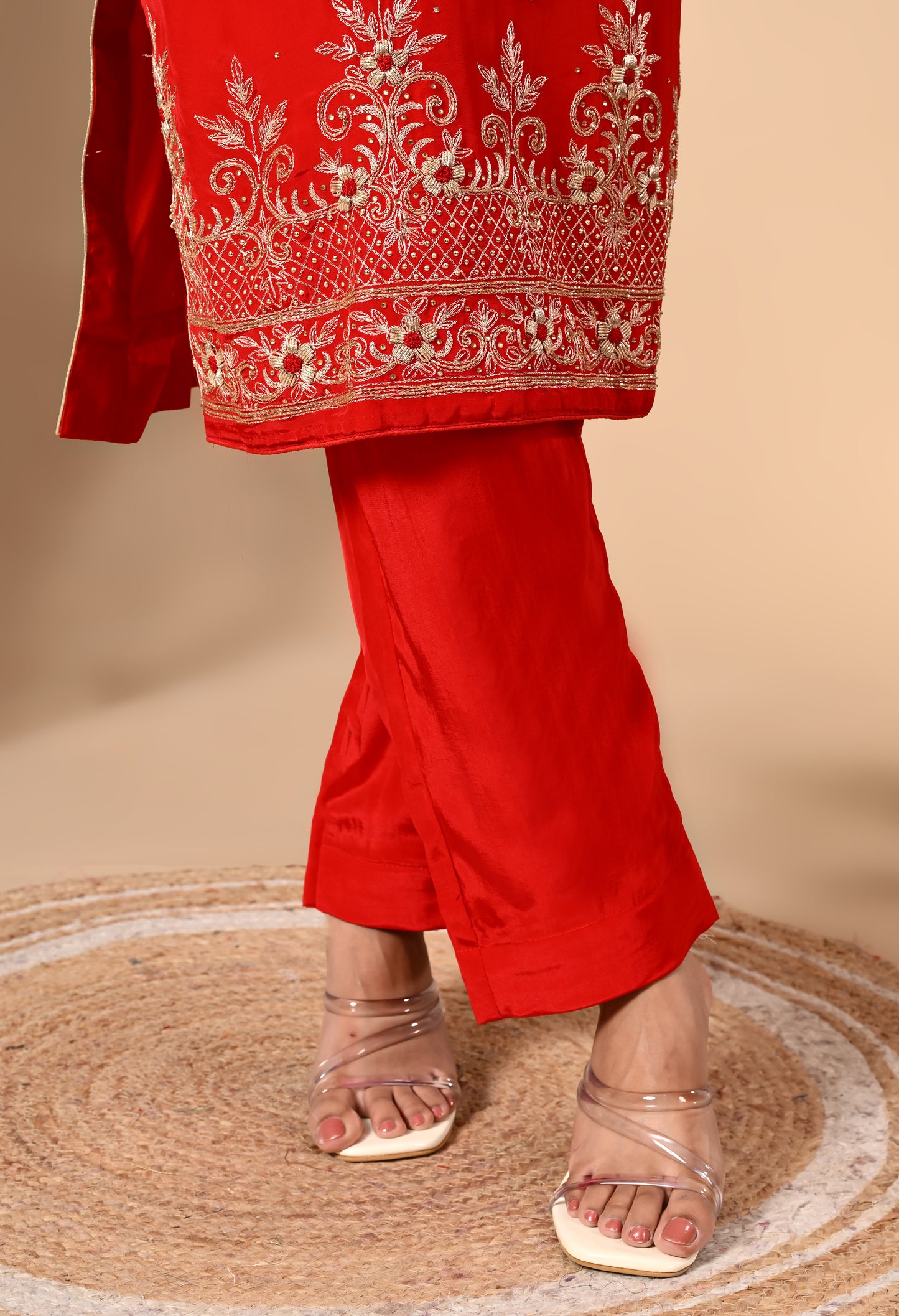 Graceful Red Kurta Set with Zardozi, Dabka, and Sequin Work