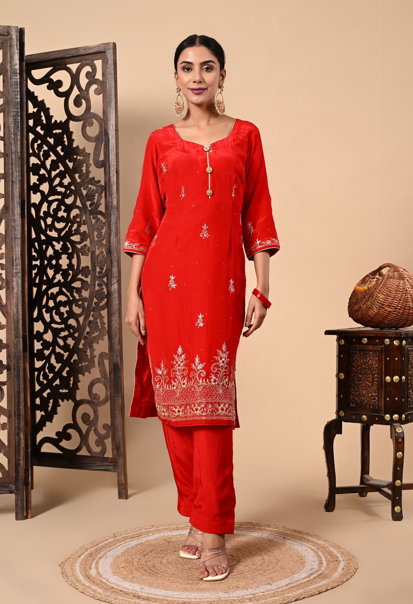 Graceful Red Kurta Set with Zardozi, Dabka, and Sequin Work