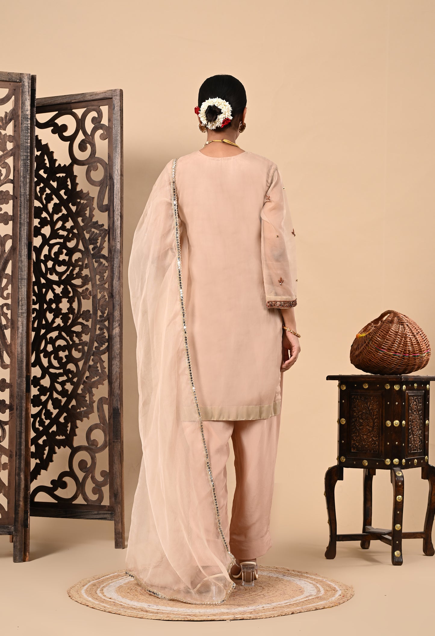 Peach Pink Kurta Set with Zardozi, Dabka, Sequin, and Pearl Work