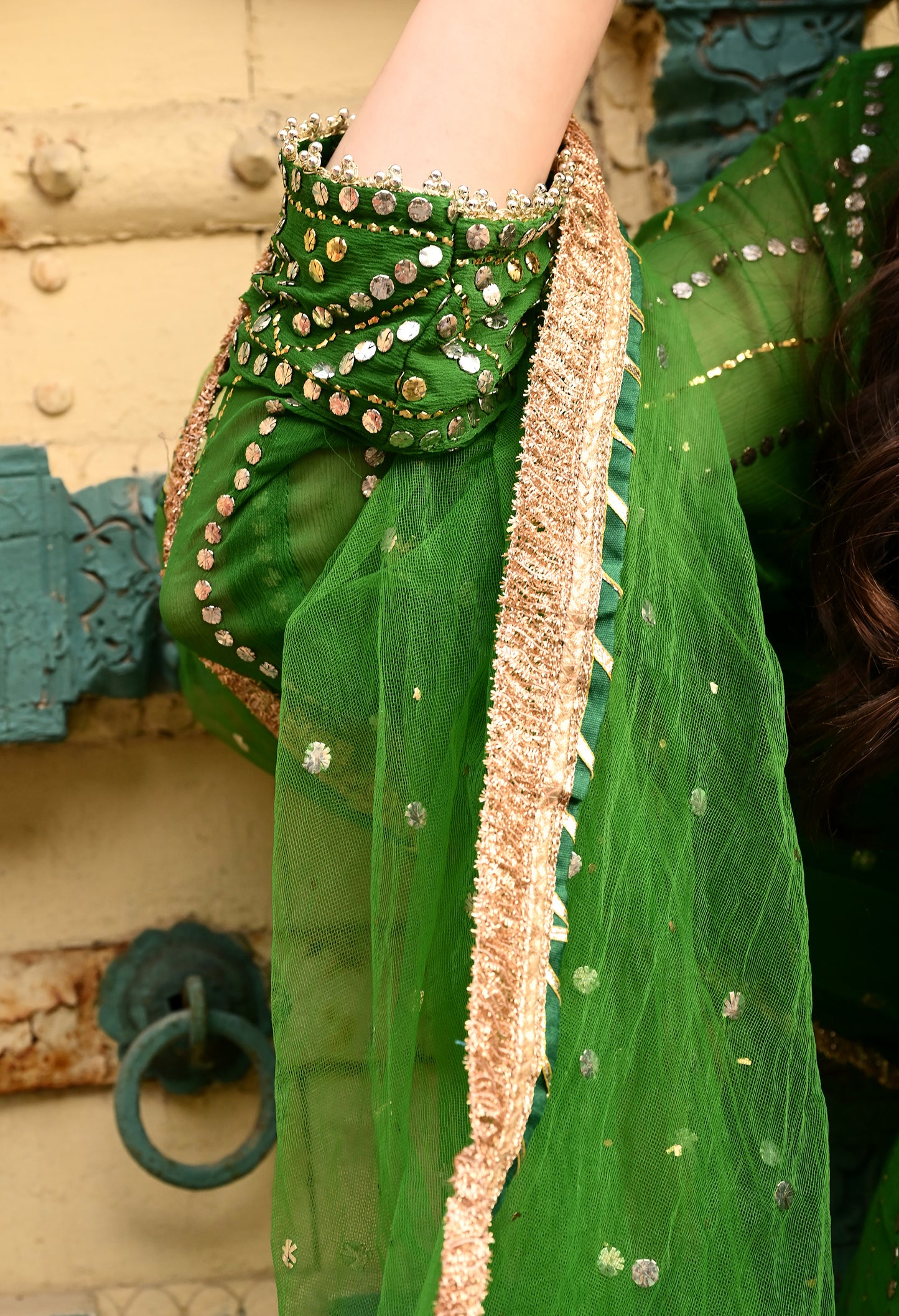 Charming Green Kurta Set with Mukaish, Gota Patti, Sequin, Dabka, and Kora Work