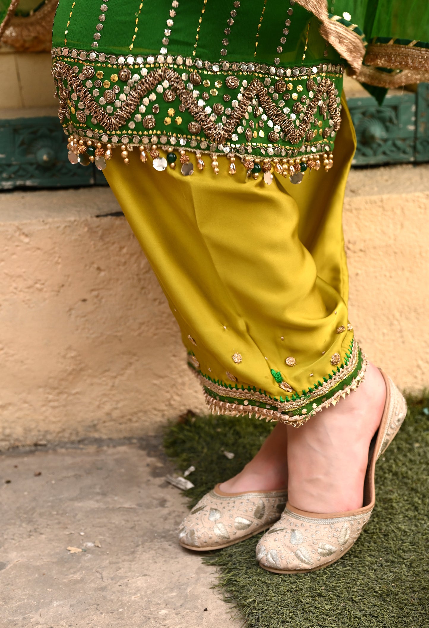 Charming Green Kurta Set with Mukaish, Gota Patti, Sequin, Dabka, and Kora Work