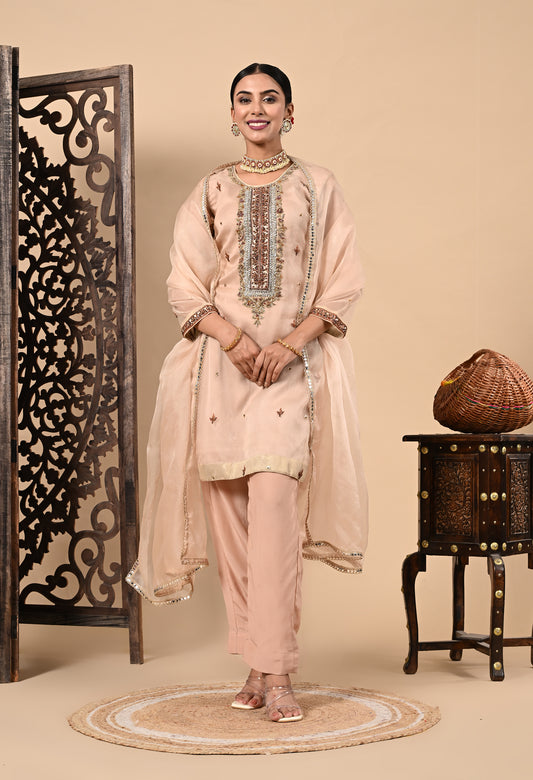 Peach Pink Kurta Set with Zardozi, Dabka, Sequin, and Pearl Work