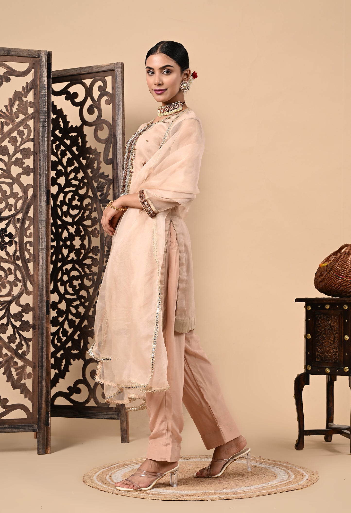 Peach Pink Kurta Set with Zardozi, Dabka, Sequin, and Pearl Work