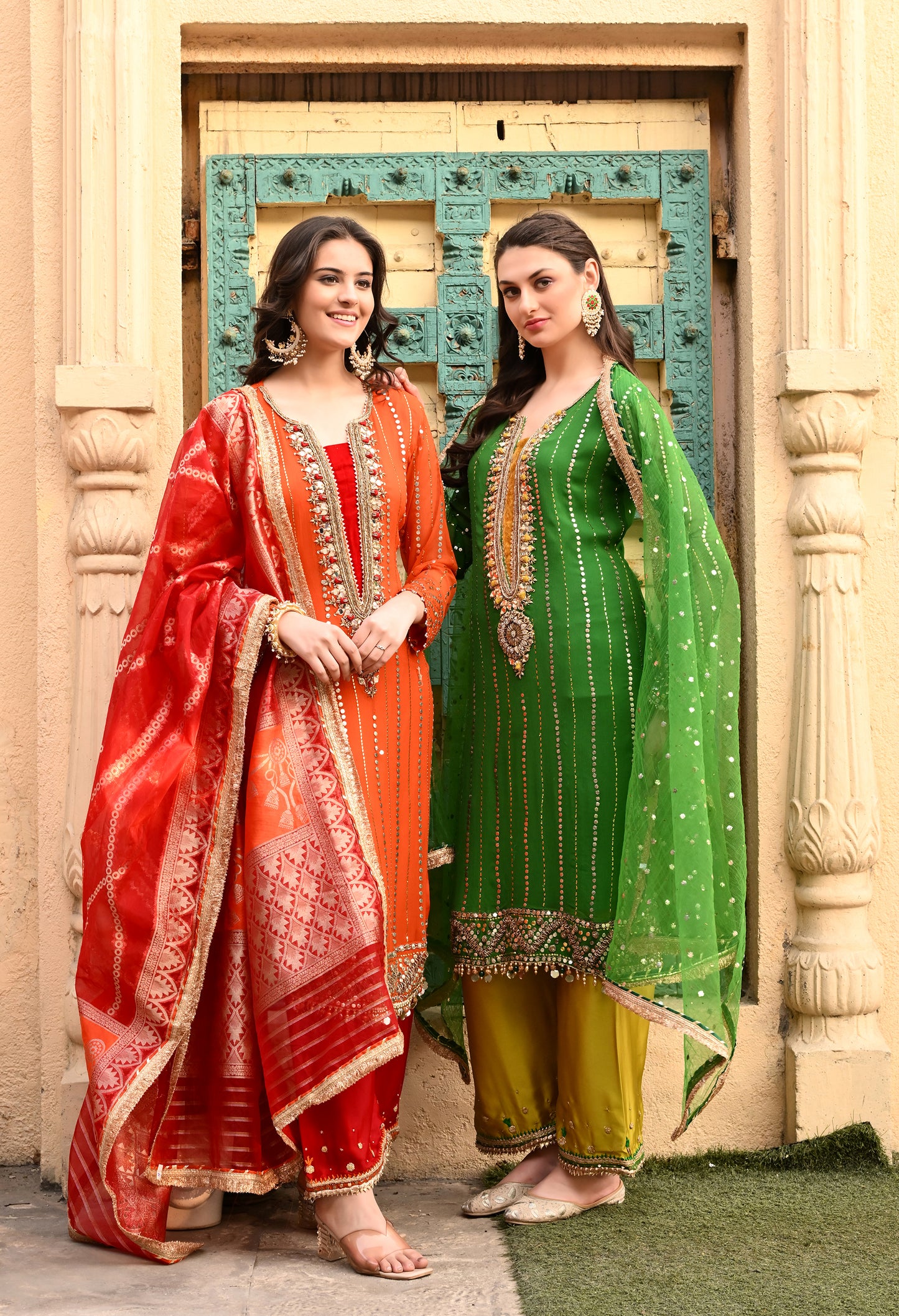 Charming Green Kurta Set with Mukaish, Gota Patti, Sequin, Dabka, and Kora Work