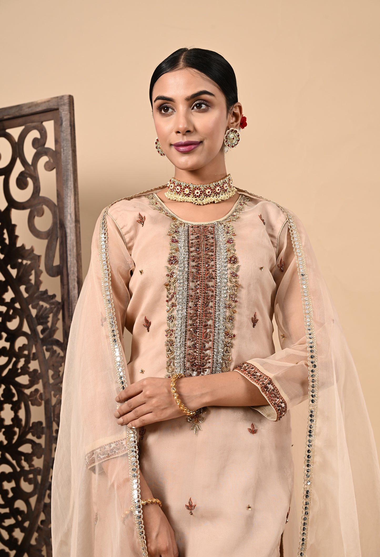 Peach Pink Kurta Set with Zardozi, Dabka, Sequin, and Pearl Work