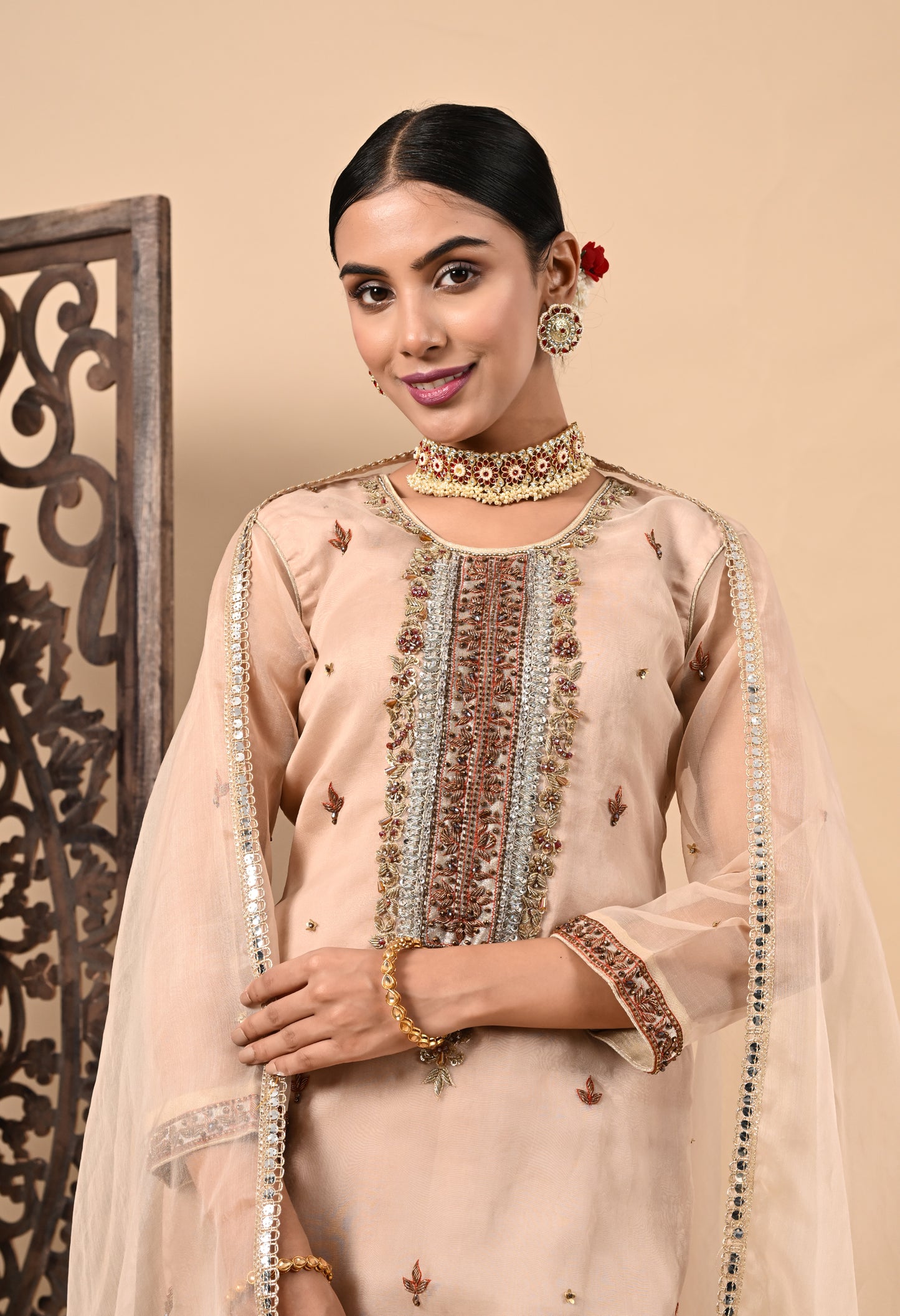 Peach Pink Kurta Set with Zardozi, Dabka, Sequin, and Pearl Work