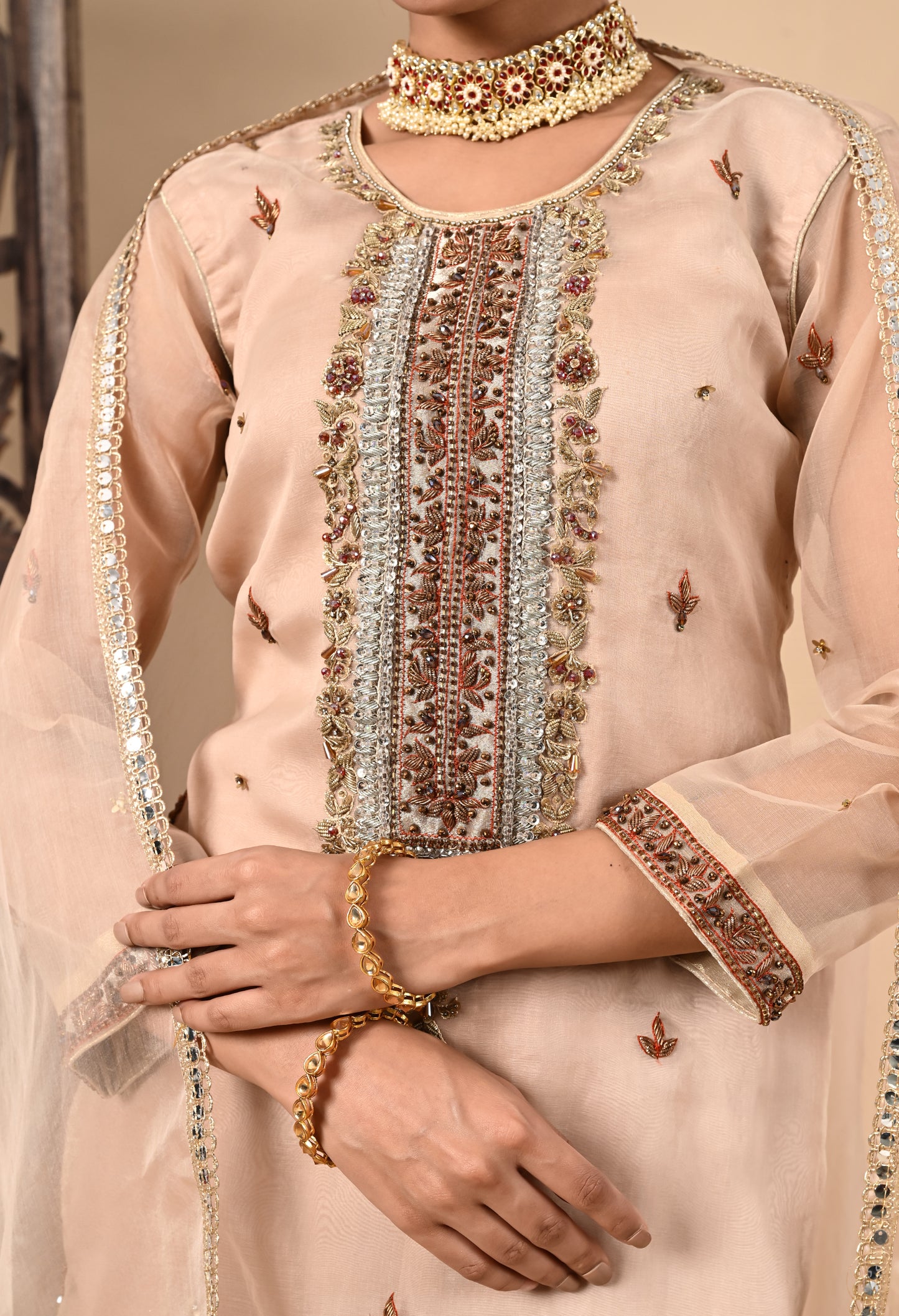 Peach Pink Kurta Set with Zardozi, Dabka, Sequin, and Pearl Work