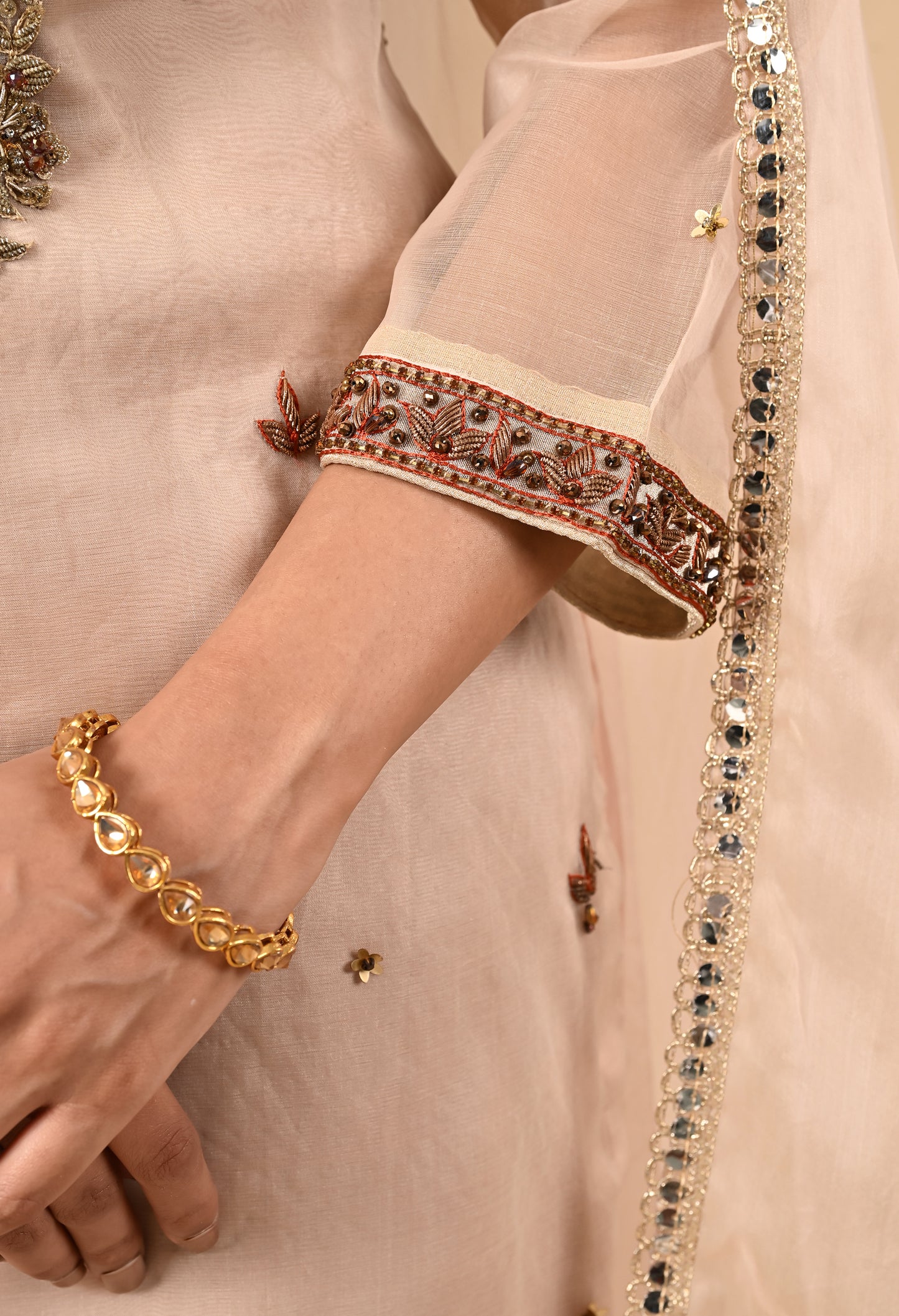 Peach Pink Kurta Set with Zardozi, Dabka, Sequin, and Pearl Work