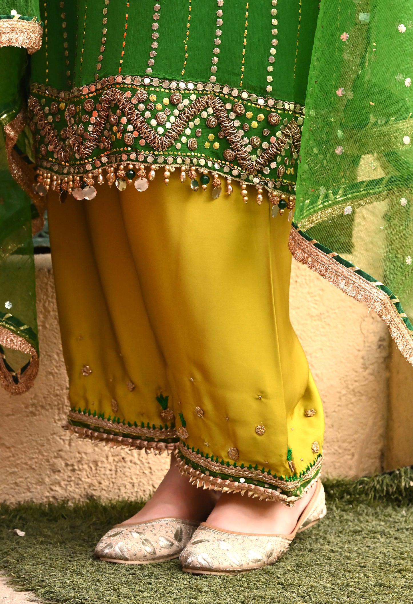 Charming Green Kurta Set with Mukaish, Gota Patti, Sequin, Dabka, and Kora Work