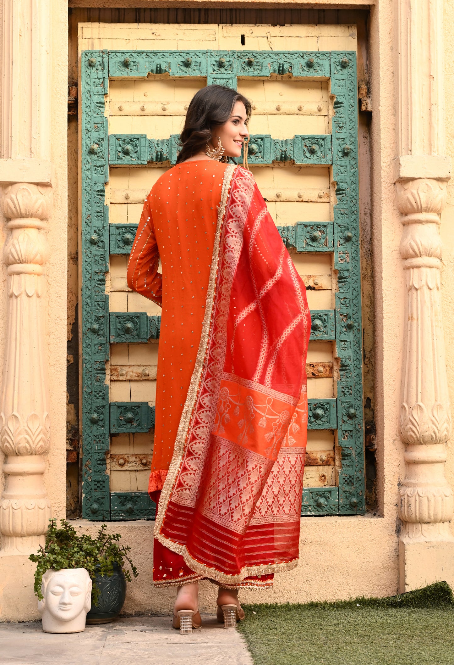 Timeless Orange / Green  Kurta Set with Gotta, Sequence, Kora, and Dabka Work