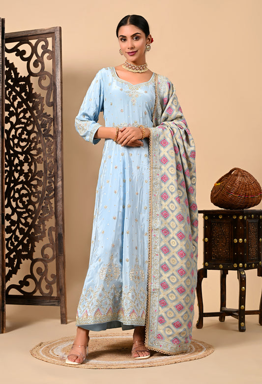 Light Blue Anarkali Set with Zardozi, Dabka, and Sequin