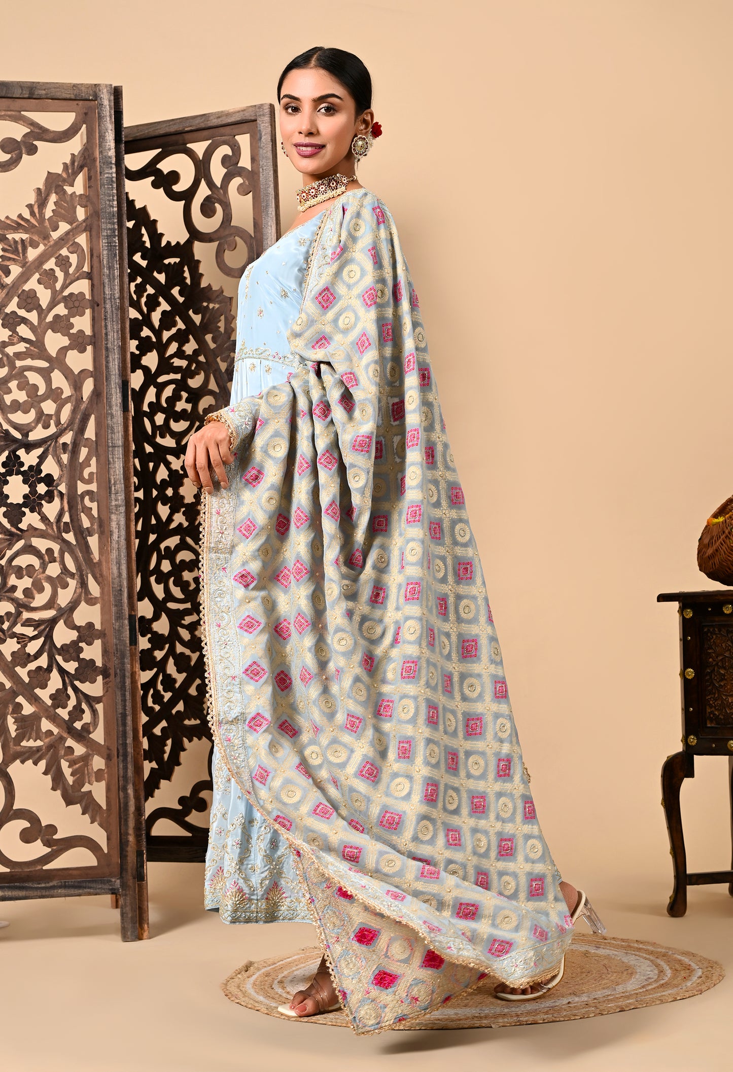 Light Blue Anarkali Set with Zardozi, Dabka, and Sequin