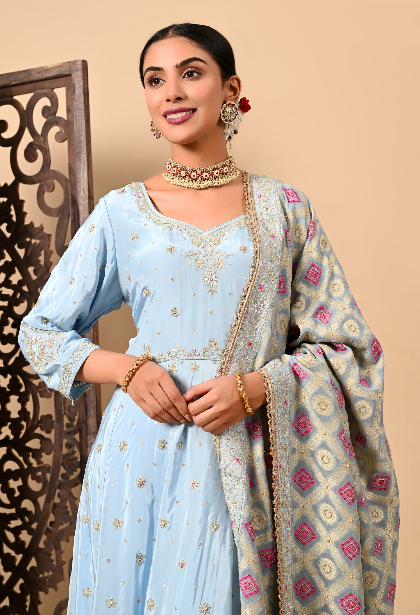 Light Blue Anarkali Set with Zardozi, Dabka, and Sequin