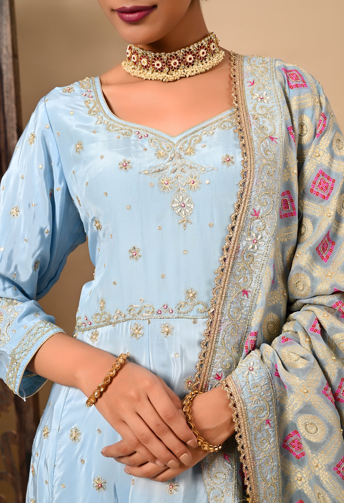 Light Blue Anarkali Set with Zardozi, Dabka, and Sequin
