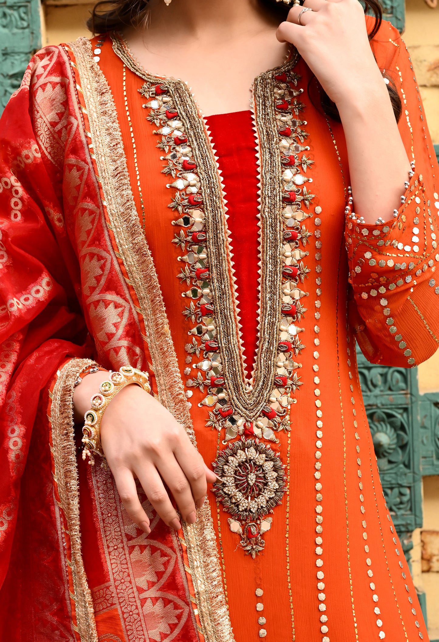 Timeless Orange / Green  Kurta Set with Gotta, Sequence, Kora, and Dabka Work