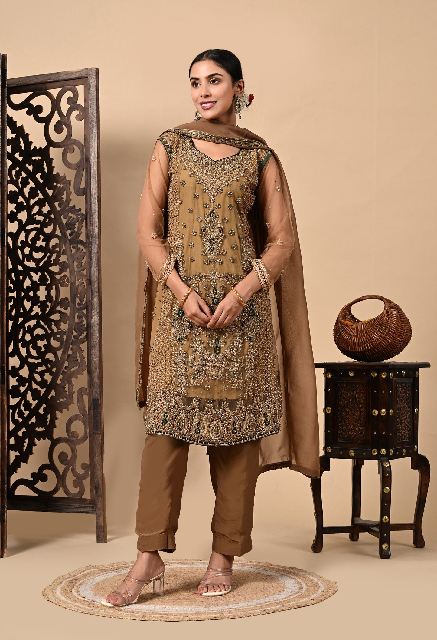 Greenish Brown Kurta Set with Zardozi, Dabka, Sequin, and Pearl Work